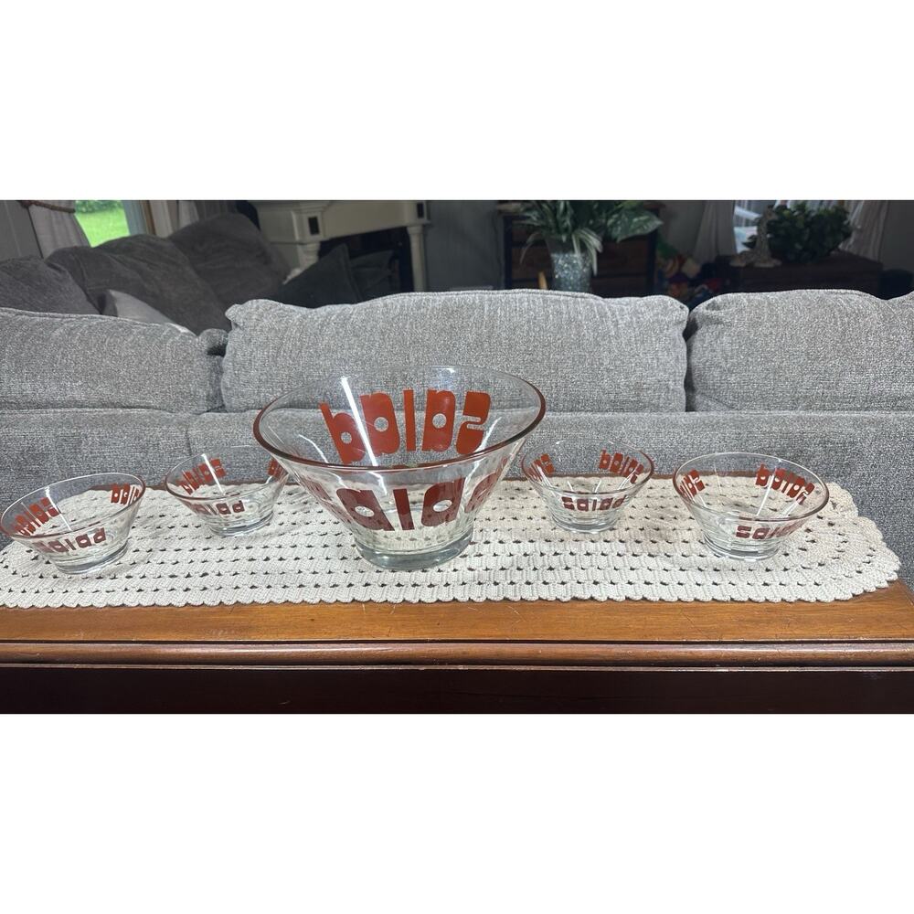 Vtg Wheaton Retro Typography Large Salad Bowl & 4 Small Bowls Red Lettering MCM